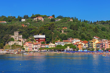 Beautiful view from the sea on beach of Lerici, Ligurian coast of Italy in province of La Spezia.