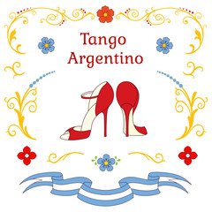 Hand drawn vector illustration with argentine tango design elements - women dancing shoes, text, traditional Buenos Aires fileteado ornaments. - obrazy, fototapety, plakaty
