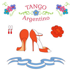 Hand drawn vector illustration with argentine tango design elements - women dancing shoes, earrings, flower, traditional Buenos Aires fileteado ornaments.