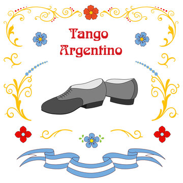 Hand drawn vector illustration with argentine tango design elements - men dancing shoes, text, traditional Buenos Aires fileteado ornaments.
