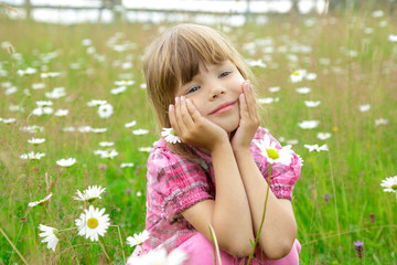 Small girl on camomile field