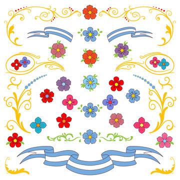 Hand drawn vector illustration with traditional Buenos Aires fileteado ornament elements - flowers, decorative plants, leaves, ribbons.