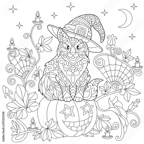 Halloween Coloring Page Cat In A Hat Pumpkin Spider Web Lanterns