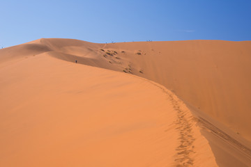 Fototapeta na wymiar Scenic ridges of sand dunes in Sossusvlei, Namib Naukluft National Park, best tourist and travel attraction in Namibia. Adventure and exploration in Africa.
