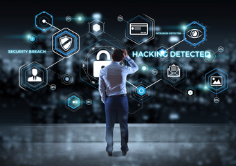 Businessman watching antivirus interface on a rooftop 3D rendering