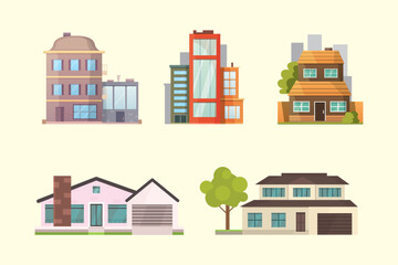 Set of different styles residential houses. City architecture retro and modern buildings. House front cartoon vector illustrations