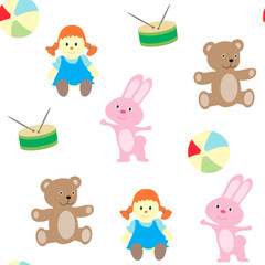 Seamless pattern with a set of children's objects. Toys and clothes for the child. 