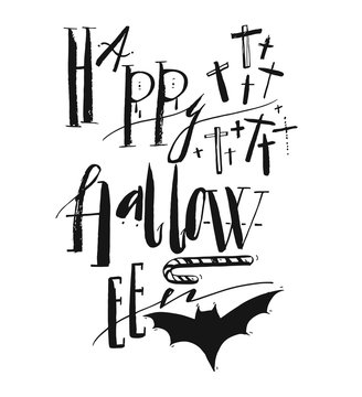 Hand drawn vector Halloween Poster with handwritten modern lettering phase Happy Halloween