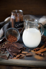 Ingredients for cooking hot chocolate - a jug of milk, cocoa powder, dark chocolate bar, cinnamon and star anise