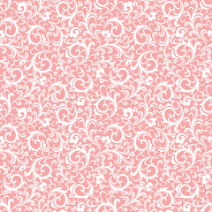 Seamless coral background with white pattern in baroque style. Vector retro illustration. Ideal for printing on fabric or paper.