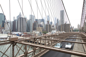 New York, Lower Manhattan skyline as seen from the Brooklyn Bridge