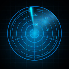 Realistic Digital radar in searching monitor. Isolated on black background. Vector illustration, eps 10.