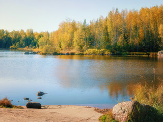 Beautiful landscape of autumn lake. Golden autumn.