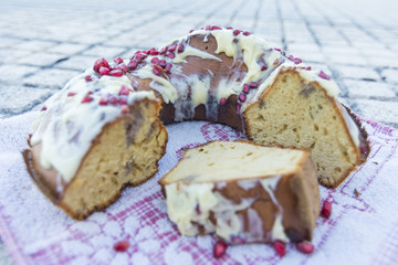 Close-Up Of Chocolate Cake with Pomegranate Seeds
