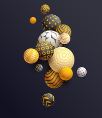 Golden decorative balls on black background. Abstract vector illustration.
