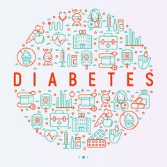 Diabetes concept in circle with thin line icons of symptoms and prevention care. Vector illustration for background of medical survey or report, for banner, web page, print media.
