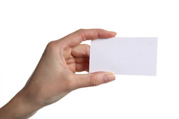 Businesswoman showing a blank business card, isolated on white background