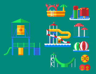 Water aquapark playground with slides and splash pads for family fun vector illustration.