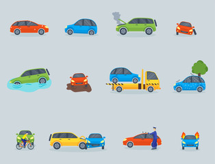 Car crash collision traffic insurance safety automobile emergency disaster and emergency repair transport vector illustration.