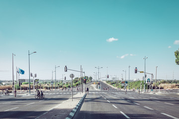 Israeli holiday Yom Kipur. No car traffic , adults and children riding bikes.