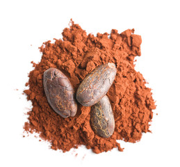 Tasty cocoa powder and beans.