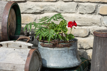 Decoration in the garden. Traditional Bulgarian appliances used in the past -  old butter churn ,  wooden cask and caludron