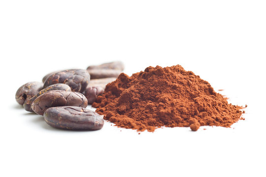 Tasty cocoa powder and beans.