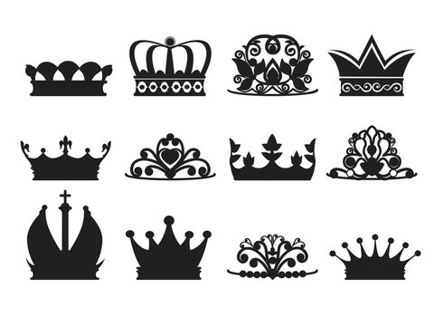 Silhouette of diadems and crowns. Vector monochrome pictures isolate