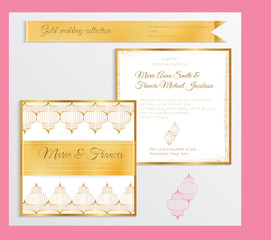 Luxury wedding invitation template with gold shiny realistic ribbon