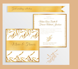 Luxury wedding invitation template with gold shiny realistic ribbon