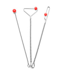 Set of instruments for speech therapist on white background