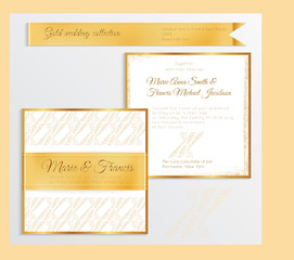 Fototapeta na wymiar Luxury wedding invitation template with gold shiny realistic ribbon
