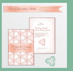 Luxury wedding invitation template with rose gold shiny realistic ribbon