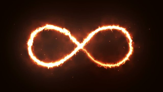 Animation appearance of infinity shape from orange fire on dark background.