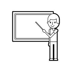 teacher with pointer showing on board on lesson at blackboard in classroom