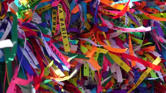 Brazilian ribbons (Fita do Bonfim) on Bonfim Church fence in Salvador, Bahia, Brazil