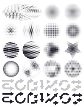 Set of abstract vector halftone and arrows, elements of design