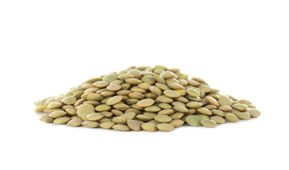 Heap of green lentils, isolated on white