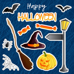 Vector set of festive stickers. Halloween theme. Traditional holiday symbol Jack o lantern, witch hat, broom, bat, web, spider, sweets. Abstract doodle background.