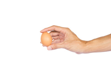 Man hand holding one egg isolated on white background with clipping path.