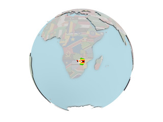 Zimbabwe with flag on globe