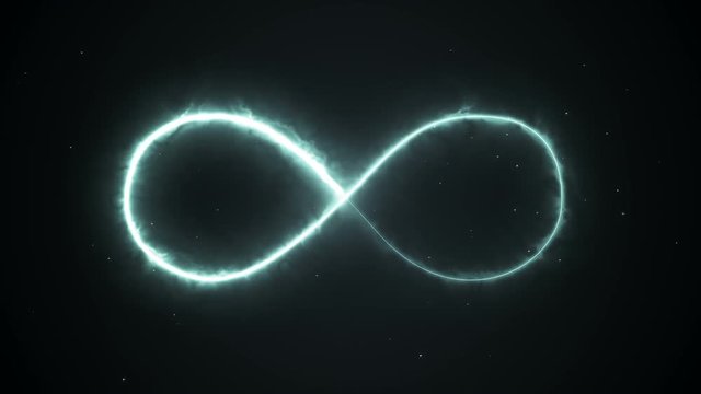 Animation appearance of infinity shape from fire on dark background.