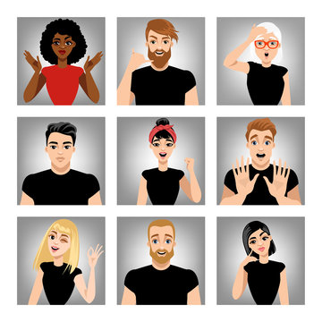 Set of vector images of people with different emotions. Avatars in cartoon style. 
