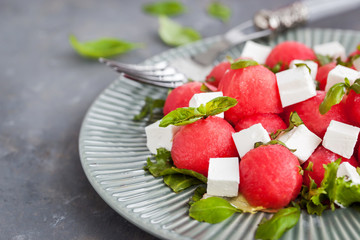 Fresh delicious salad with watermelon and feta cheese