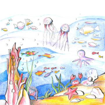 Mysterious undersea world. Drawing with colored pencils for children.