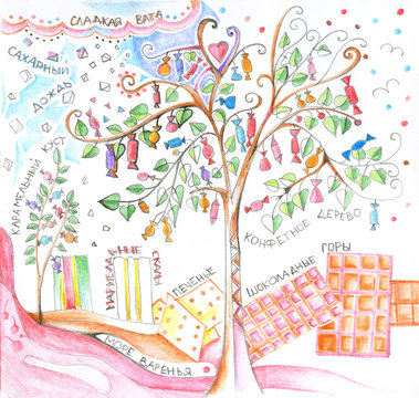 Sweet country. Candy tree, candy floss, sugar rain, caramel bush, marmalade rocks, cookies, chocolate mountains and sea of jam with inscriptions in Russian. Hand drawn picture by colored pencils.