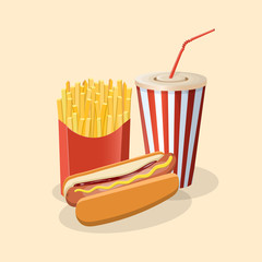Hot dog with fries and soda cup - cute cartoon colored picture. Graphic design elements for menu, poster, brochure. Vector illustration of fast food for bistro, snackbar, cafe or restaurant.