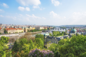 Fototapeta na wymiar Panoramic view of Prague and Vltava river in springtime, Czech republic