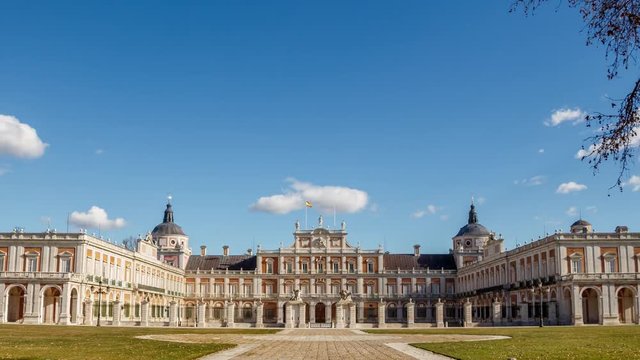 Clouds motion in Royal Palace of Aranjuez, Madrid, Spain. UNESCO World Heritage. Time lapse with zoom out.