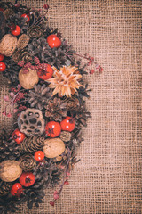 beautiful Christmas wreath on a fabric background